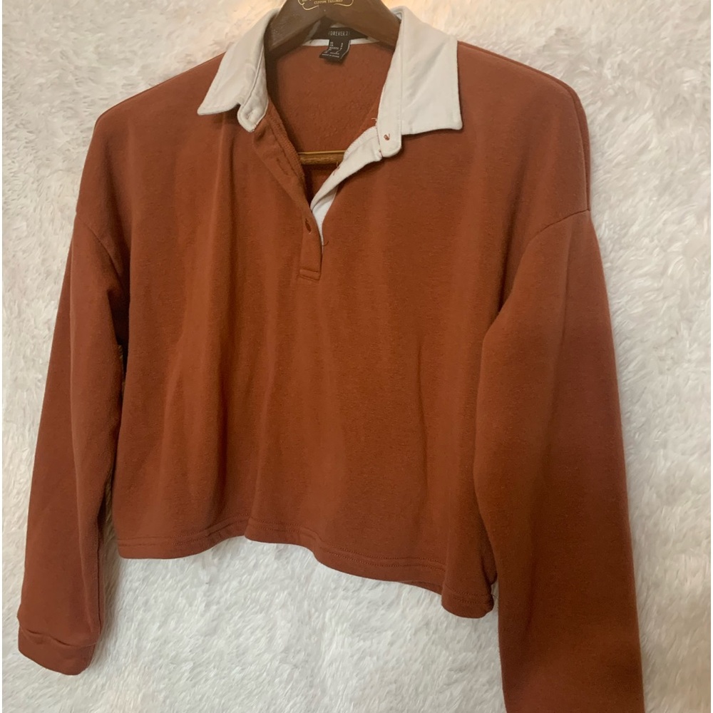 Forever 21 Cropped Polo Sweat Pull Over ￼ Womens Size S Rust Brown 1053